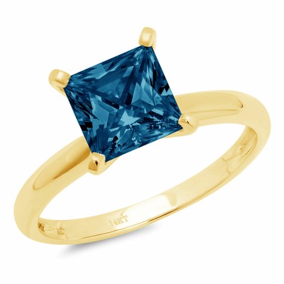 Pre-owned Pucci 2 Princess Cut Designer Statement Bridal Royal Blue Topaz Ring 14k Yellow Gold