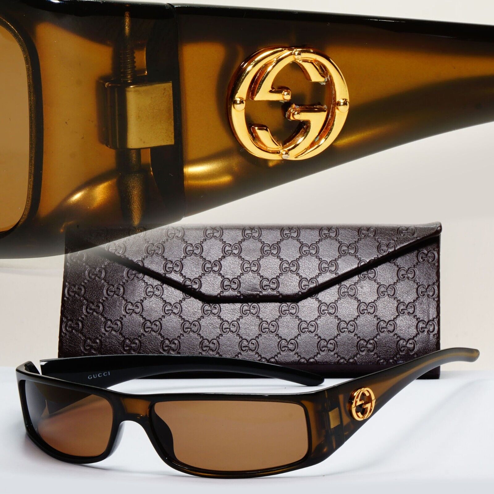 Gucci Sunglasses 1999 Vintage Brown Gold Honey Rectangle GG Gucci Sunglasses 1999 Vintage Brown Gold Honey Rectangle GG