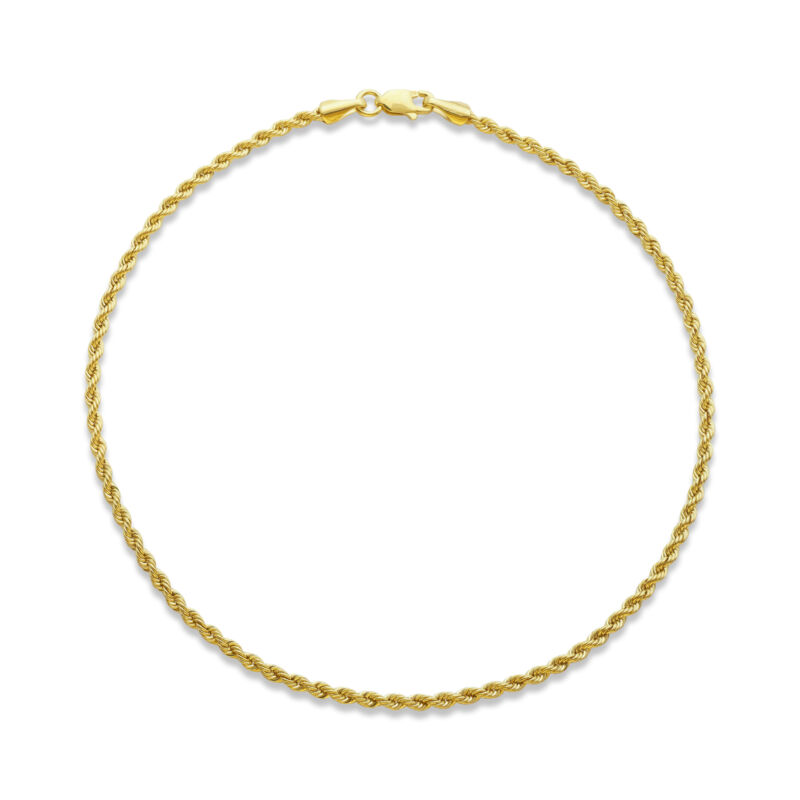 LoveBling 10k Yellow Gold 2mm Rope Chain Anklet with Lobster Lock (10")