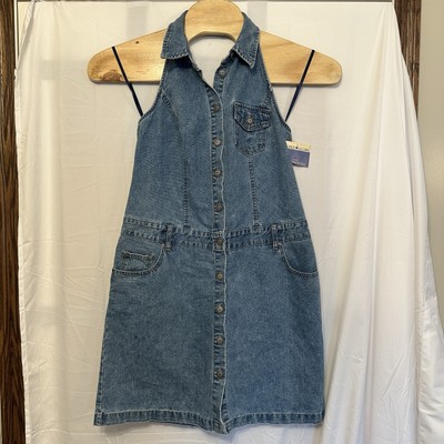 Faded Glory Women s Size 13/14 Denim Halter Dress Blue Full Button Up Y2K NWT