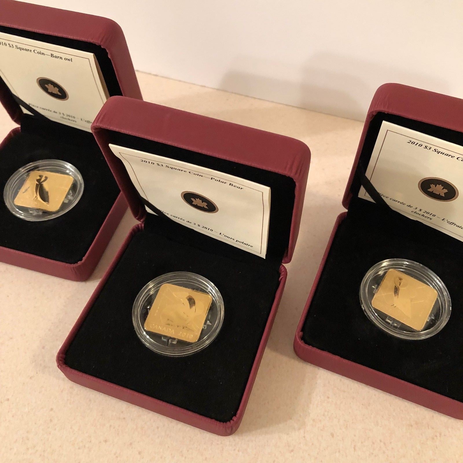 (3) CANADA 2010 $3 SQUARE COIN... BARN OWL...POLAR BEAR...MINT IN CASE W/ COA