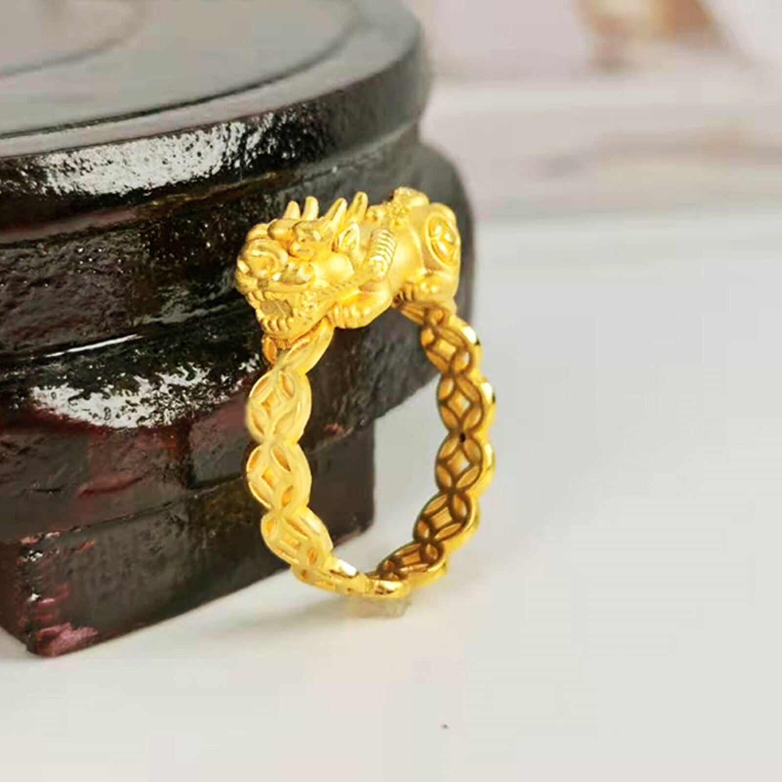 Pure 999 24K Yellow Gold Band Men Women Lucky 3D Coin Pixiu