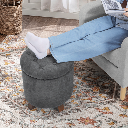 17" Dark Gray Lift Top Storage Ottoman Round Modern Tufted Footstool Wooden Legs