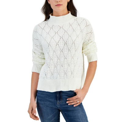 SUGAR MOON Sweater Juniors' Medium White Mock-Neck Chenille Pointelle Geometric 