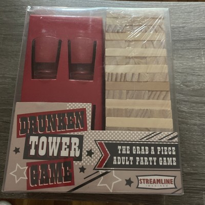 NEW Drunken Tower Game 4 Shot Glasses Wooden Blocks w/ Drink Commands Adult Gift