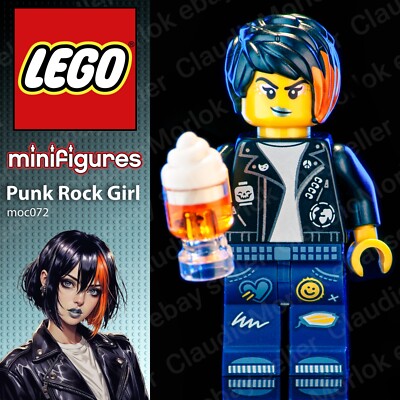 ⭐ LEGO Punk Rock Girl Minifigure moc072 City Beer Street Urban Rocker Birra Town