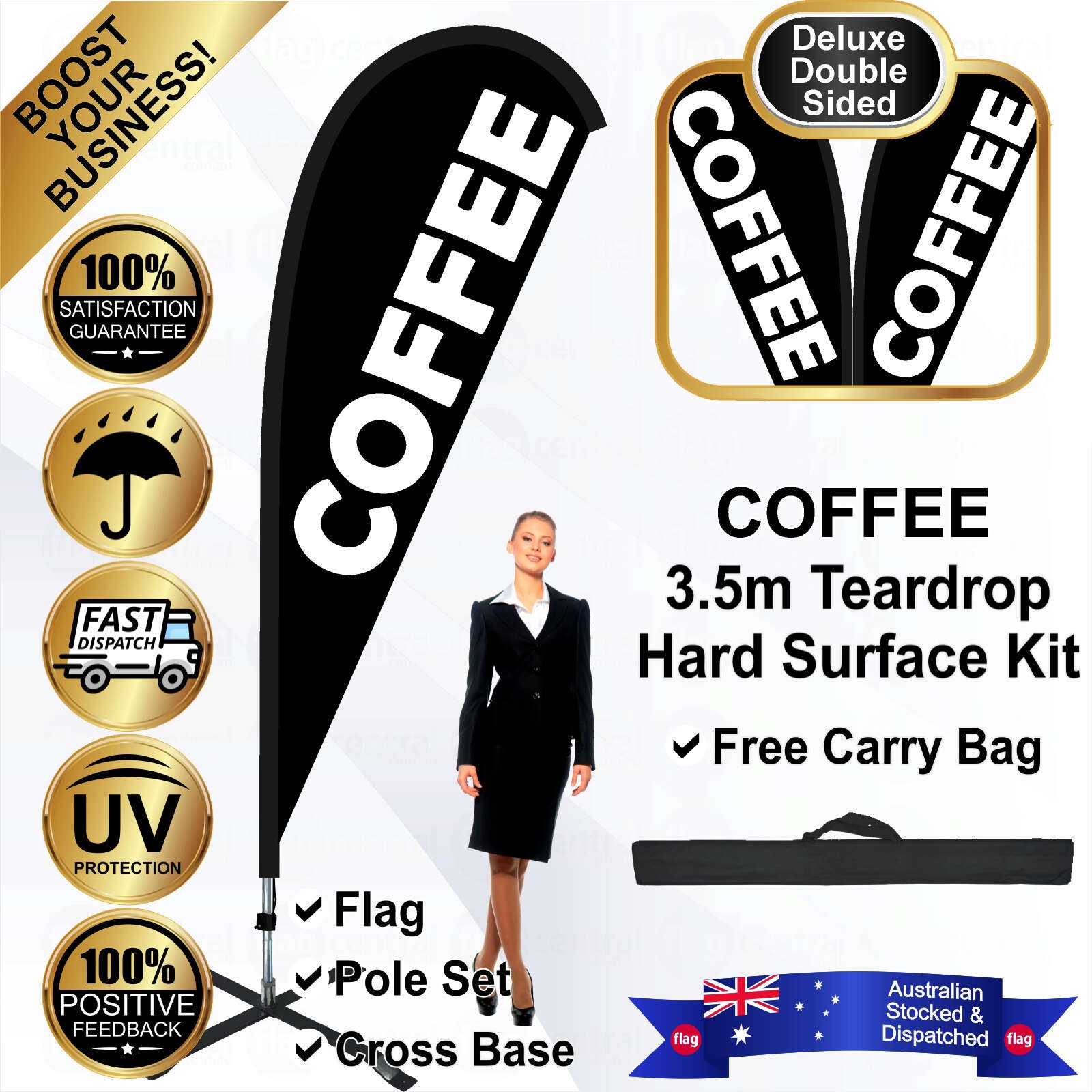 COFFEE Deluxe Double-Sided Black 3.5m Teardrop Flag / Banner Kit with Pole Set, Steel Outdoor Cross Base and a Free Carry Bag
