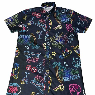 SURF SOCIETY Short Sleeve Lets Fly Neon Beach Scene Button Up Shirt Size Medium