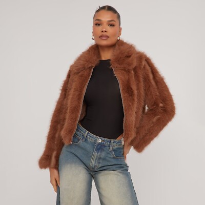 Ego Collared Bubble Detail Zip Up Coat In Brown Faux Fur M