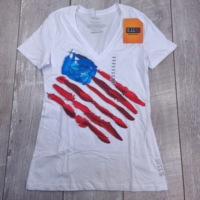 5.11 Tactical Feather Flag Tee Women Large White V-Neck Graphic T-Shirt 31004AT