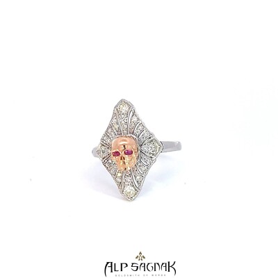 Alp Sagnak 14K White Rose Gold Art Deco Skull Ring Diamonds Rubies