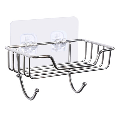 Soap Dish Holder Wall Mounted Stainless Steel Adhesive W/Hook Shower Bathroom
