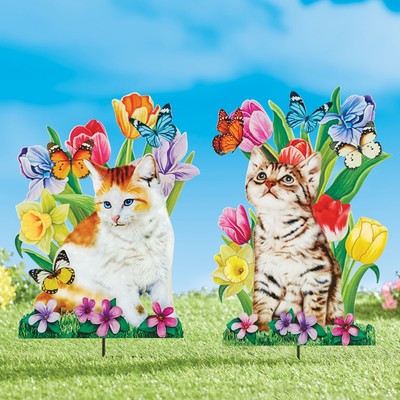 Colorful Spring Floral Garden Cat Stakes - Set of 2 - 10.5 x