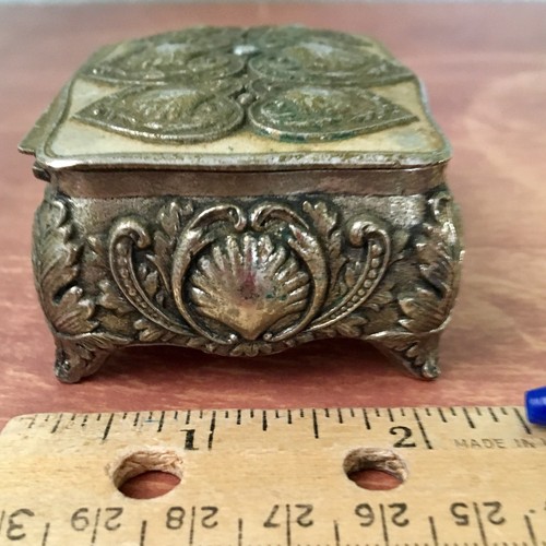 Antique JAPAN Metal Miniature Jewelry Trinket Box Silvertone Hearts Seashells