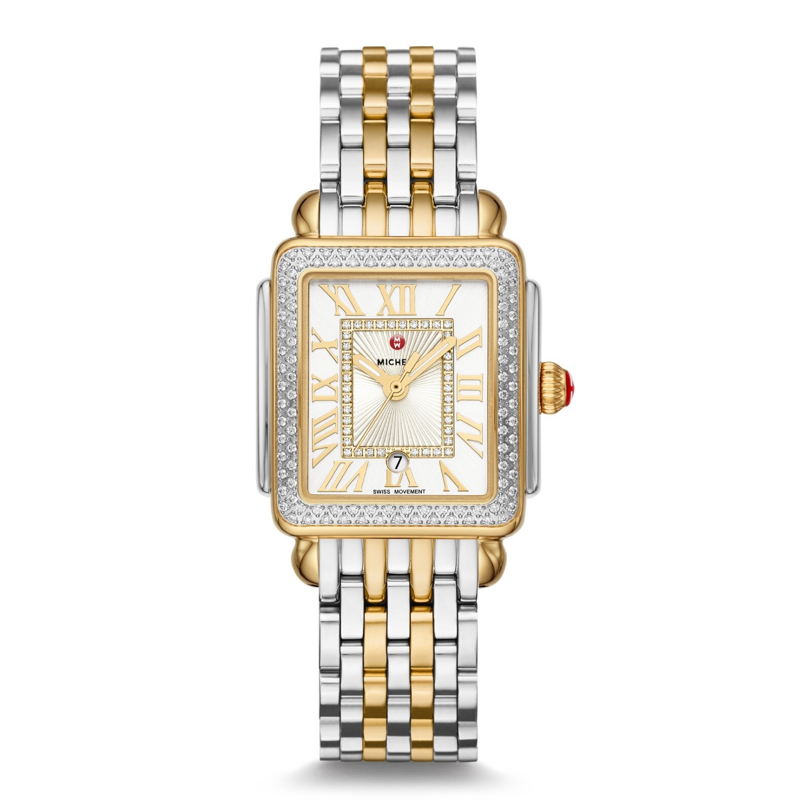 Pre-owned Michele Deco Madison Mid Diamond Two-tone Roman Numeral Dial Watch Mww06g000002