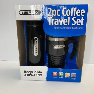 Sub Zero 2pc Stainless Steel Coffee Travel Set Mug & Thermos Black NEW (G2)