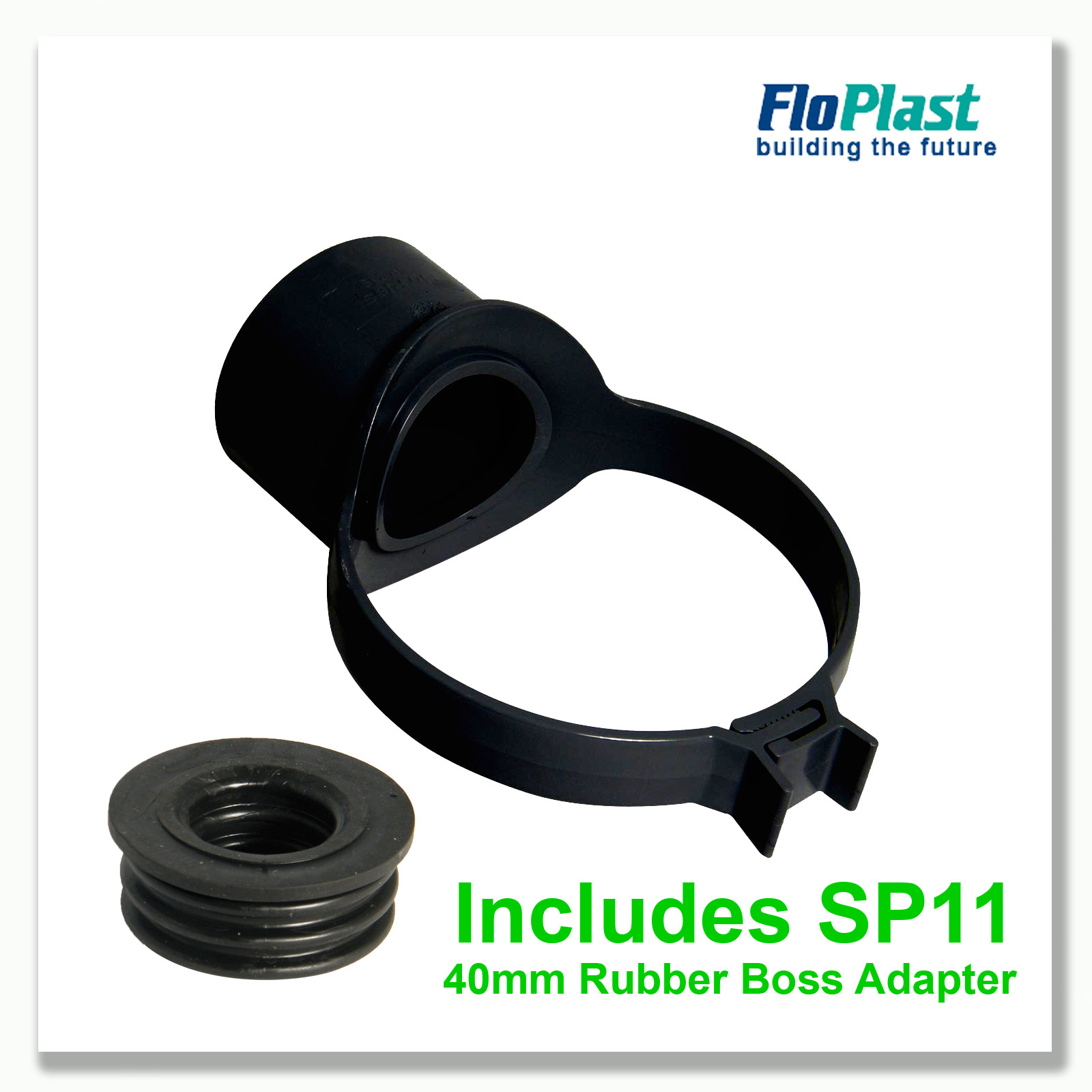 FLOPLAST 110mm SOIL PIPE STRAP BOSS INC 32,40 or 50mm RUBBER ADAPTER