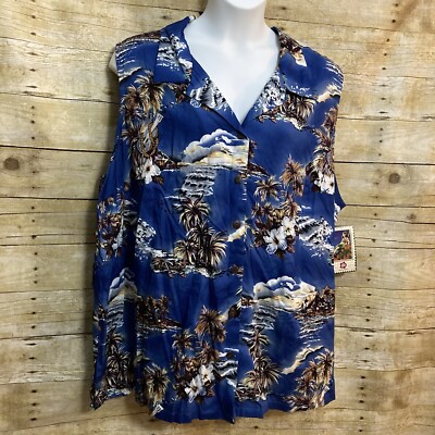 Hilo Hattie Size 4X Hawaiian Shirt Blue Floral Sleeveless USA Rayon Aloha NWT