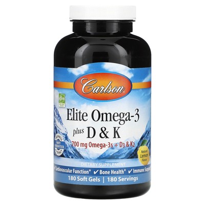 Elite Omega-3 Plus D&K, натуральный вкус лимона, 180 мягких желатиновых капсул