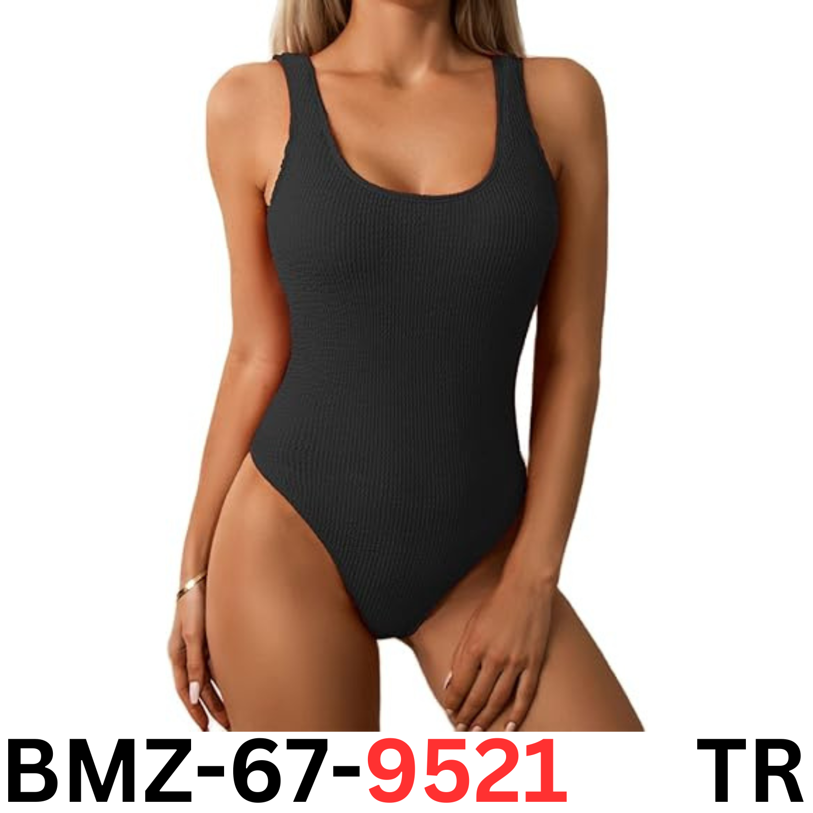 Limeeke Women 1pc Swimsuit Solid Ribbed Monokini Scoop Neck Swimwear, Black, M