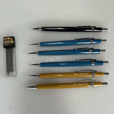 6 Vintage Pentel Mechanical Pencil Lot P209 0.9, P207 0.7, P205 0.5 & .5 Refills