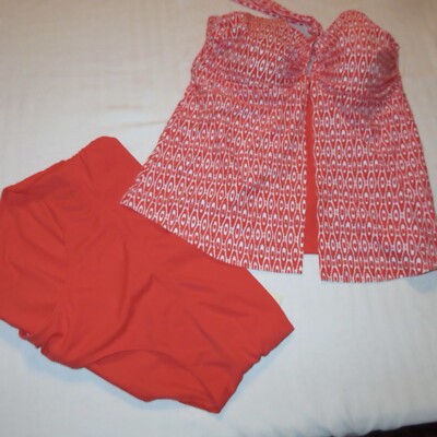 Jones New York 2 Piece Swimsuit Tankini Orange & White Size 12 NWOT