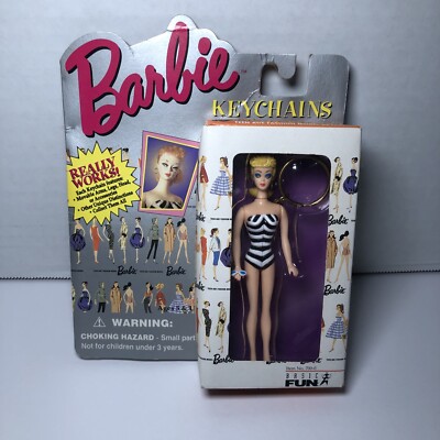 VINTAGE MATTEL 1995 BASIC FUN BARBIE KEYCHAIN BLONDE HAIR BLK/WHT SWIMSUIT NEW
