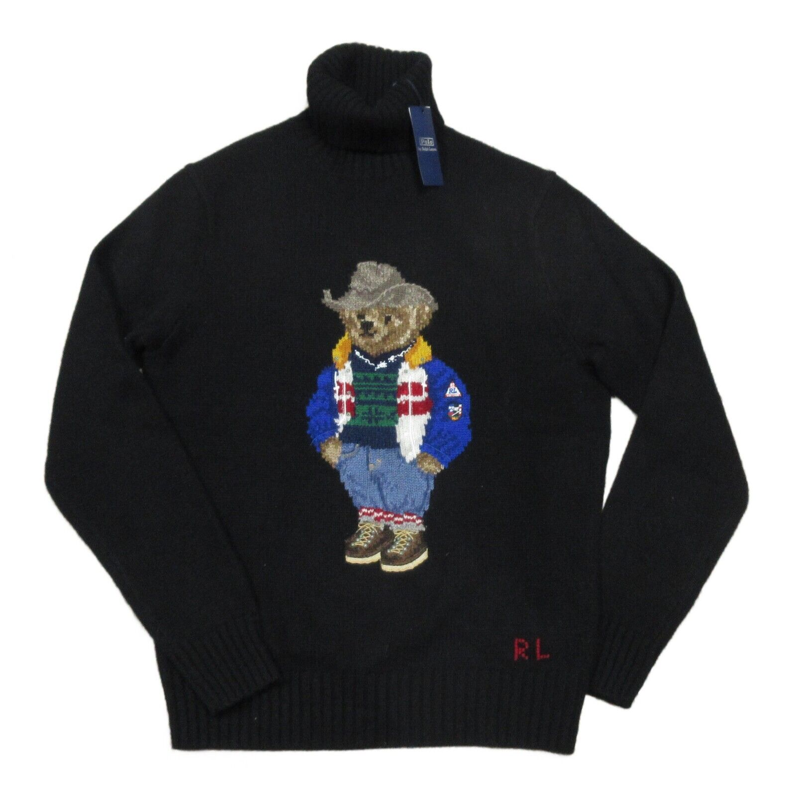 Pre-owned Polo Ralph Lauren Men's Black Polo Bear Wool Turtleneck Pullover Sweater