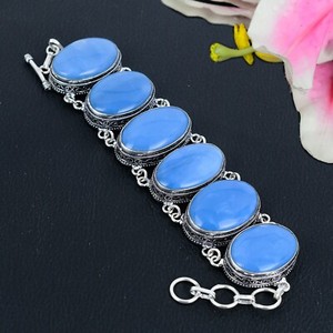 Natural Angelite Gemstone Handmade 925 Sterling Silver Bracelet Trends Jewelry