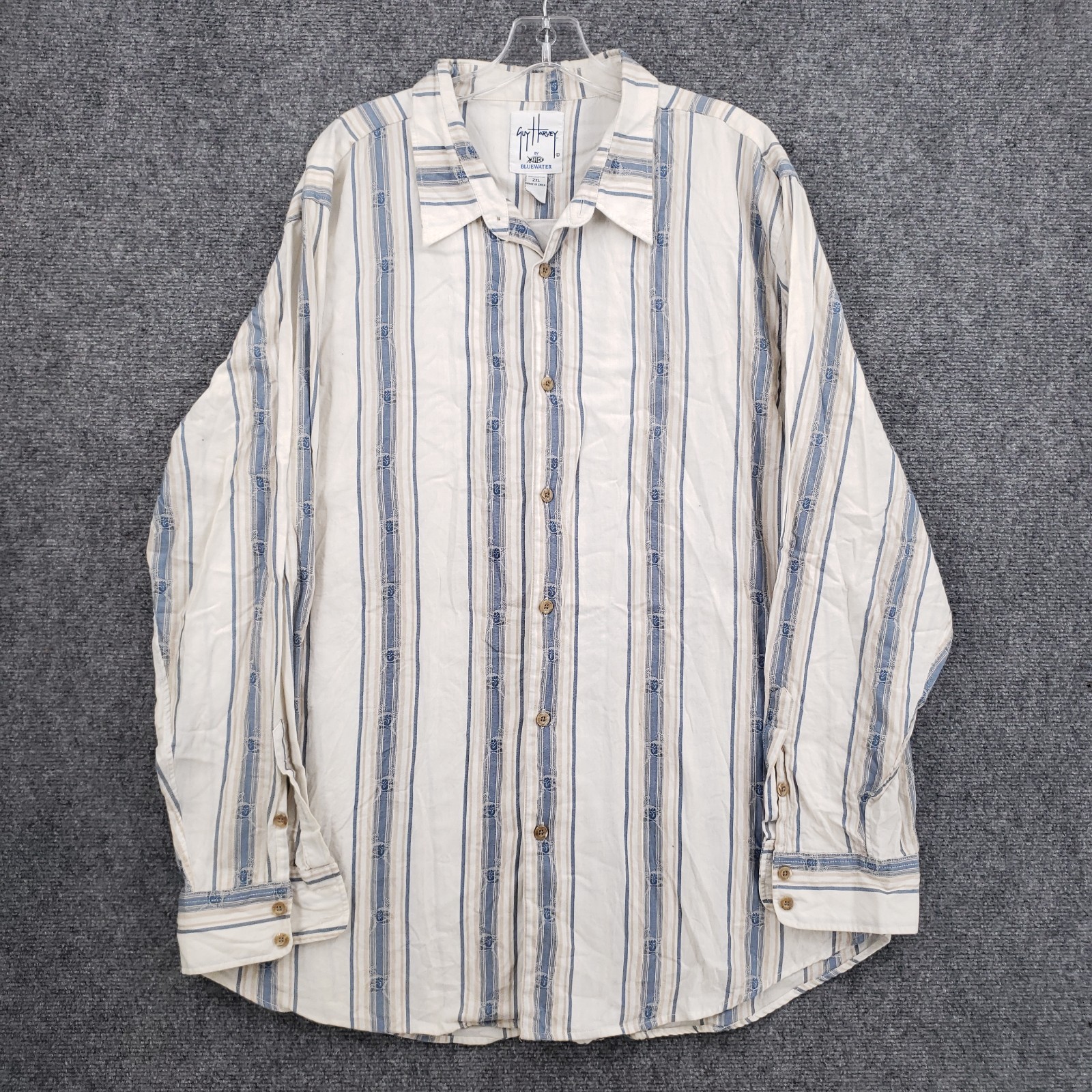 Guy Harvey Aftco BlueWater Fishing Shirt Men 2XL Blue White Striped Long Sleeve
