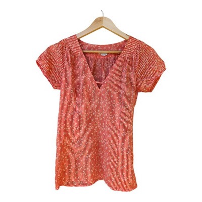 Barkins Top Size S Orange White Floral Print Blouse Puff Sleeves Coral Workwear