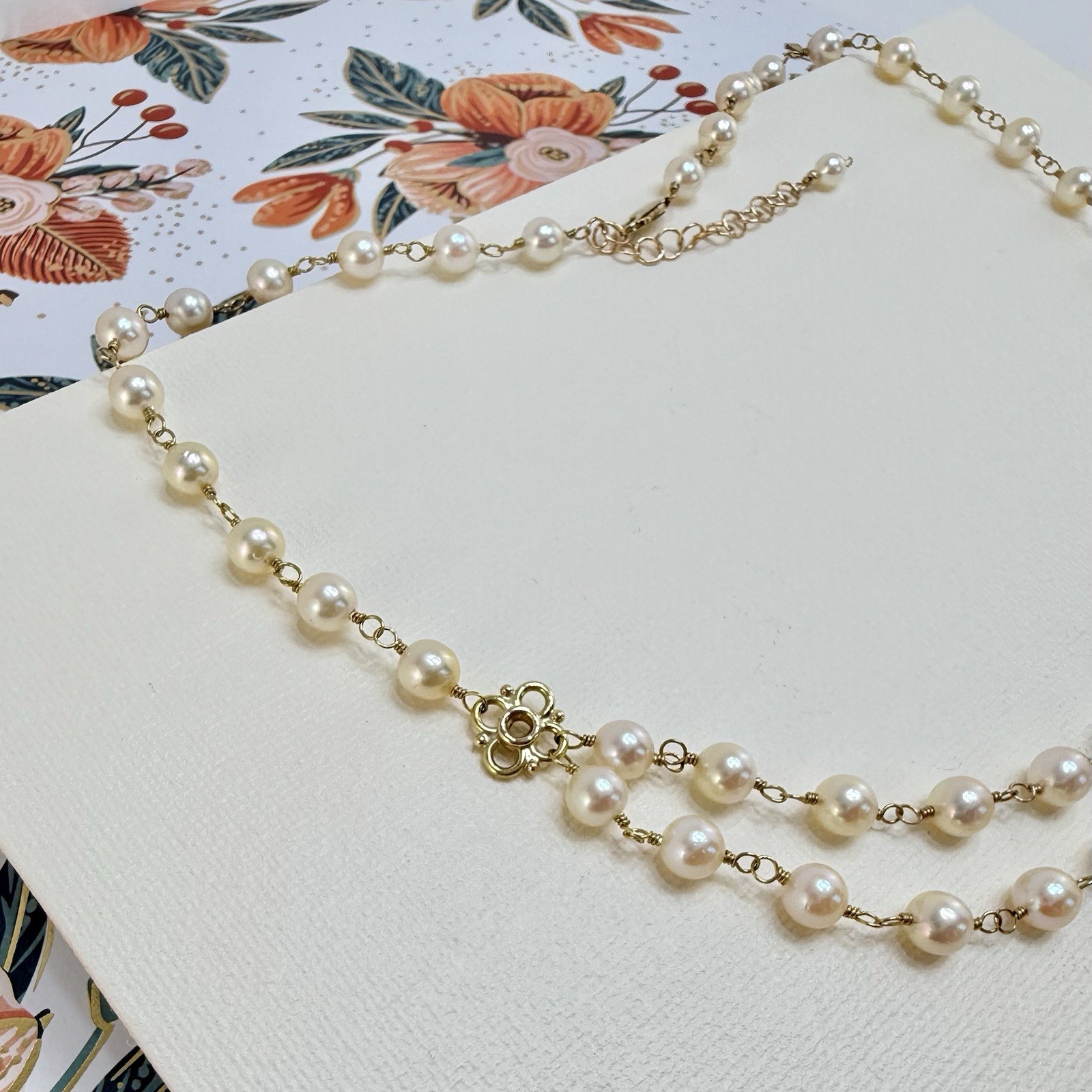 14k Yellow Gold Genuine Akoya Cultured Pearls Handcrafted Necklace, 17-18.75