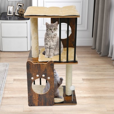 3-Level Modern Cat Tree for Large Indoor Cats Wooden Cat Tower Scratching Posts