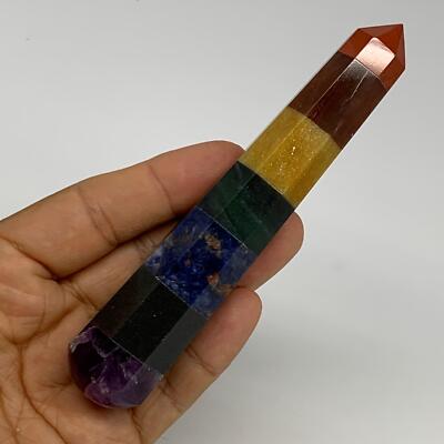 101.3g, 4.9''x0.9'', 7 Chakra Point Wand Obelisk Point Crystal from India, B29107