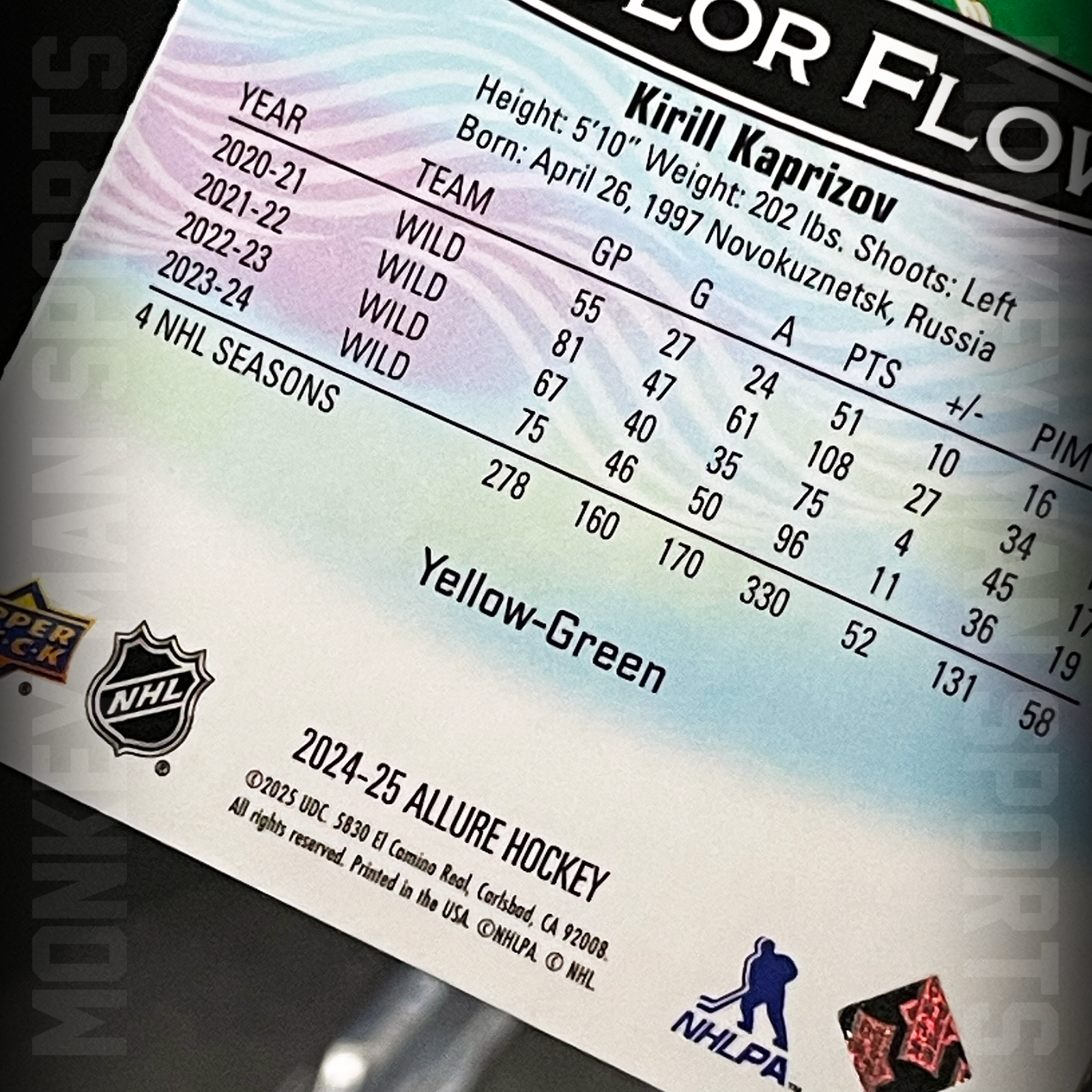 Additional photo 2 of 2024-25 Allure - Kirill Kaprizov COLOR FLOW CFL-26 YELLOW-GREEN COLOR MATCH WILD