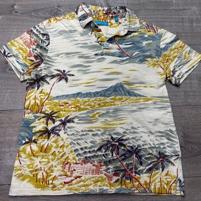 Tori Richard Polo Shirt Mens Small White Blue Tropical Palm Tree Cotton S/S