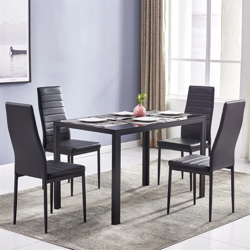 5Pcs Simple Dining Table Chair Set Include 1 Tempered Glass Table(120X70X75Cm) +
