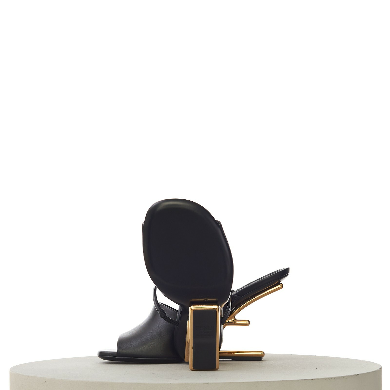 Pre-owned Fendi First 1390$ Black Leather High Heel Sandal, F-shaped Gold Metal Heel