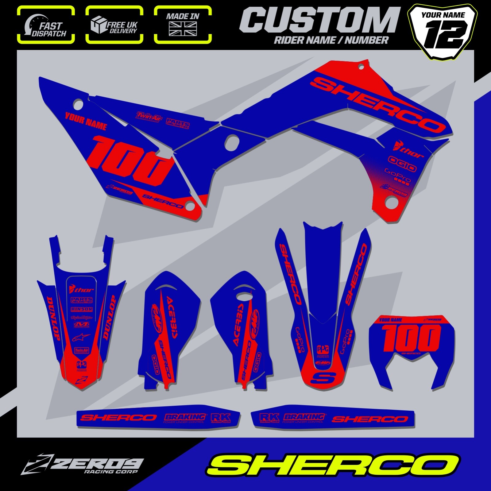 SHERCO ENDURO GRAPHICS CUSTOM GRAPHICS SE SEF 125 250 300 450  BLOK BLU/RED