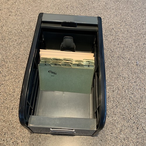 VTG Steelmaster Art Steel Co Roll Top Index Card Box W/Cards Metal And Plastic