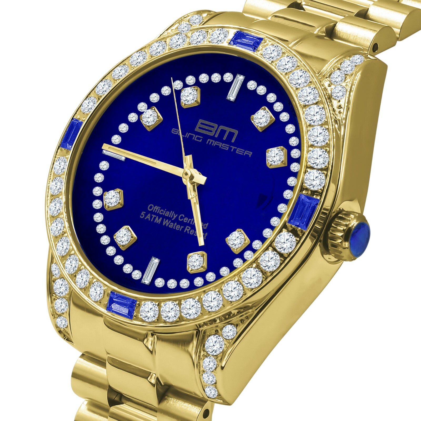 Pre-owned Bling Master 18k Gold Tone Solid Steel Blue Dial Simulated Diamonds Mens President Watch 40mm
