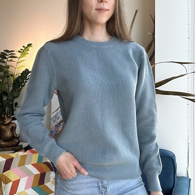 Sandro Cotton Dust Blue Waffle Crewneck Long Sleeve Sweater M 
