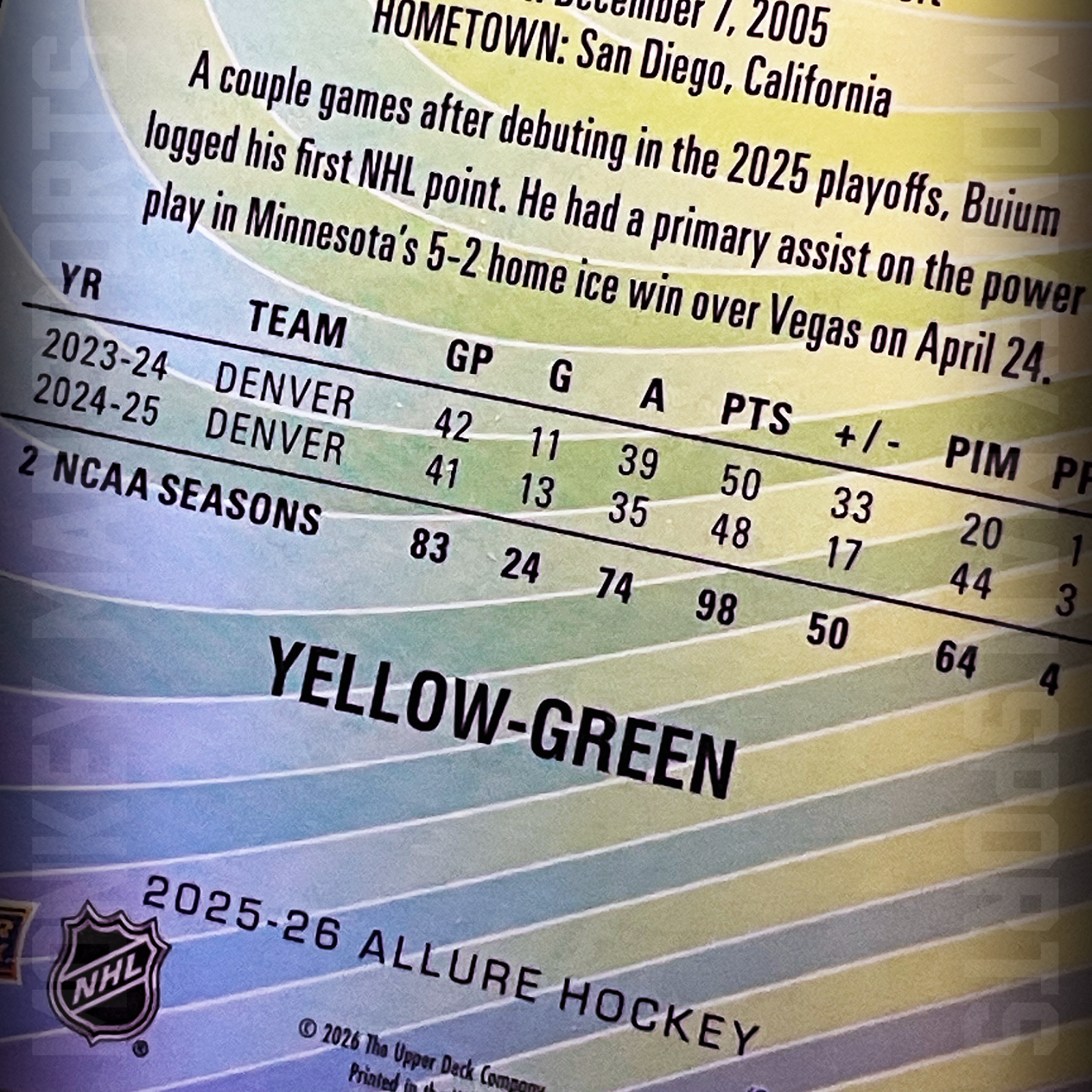 Additional photo 3 of 2025-26 Allure - Zeev Buium Rookie RC - COLOR FLOW #CF-1 YELLOW-GREEN WILD MINT