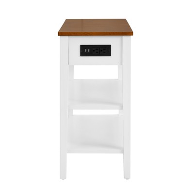 2-Tone Narrow End Table with USB Ports, Solid Wood Legs, White/Walnut
