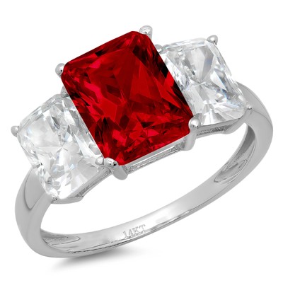 Pre-owned Pucci 4ct Emerald 3 Stone Real Red Garnet Classic Bridal Statement Ring 14k White Gold