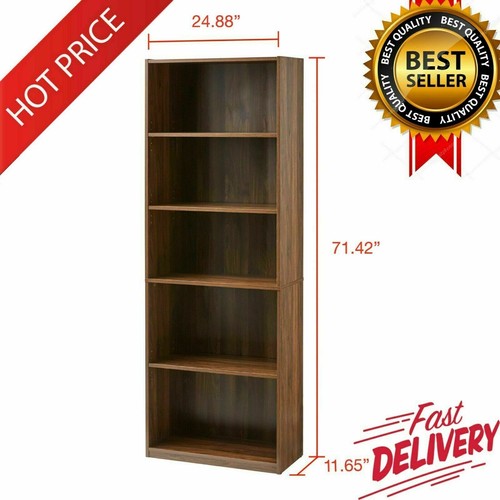 71" Tall Adjustable 5-Shelf Wood Bookcase Storage Shelving Book Wide Bookshelf