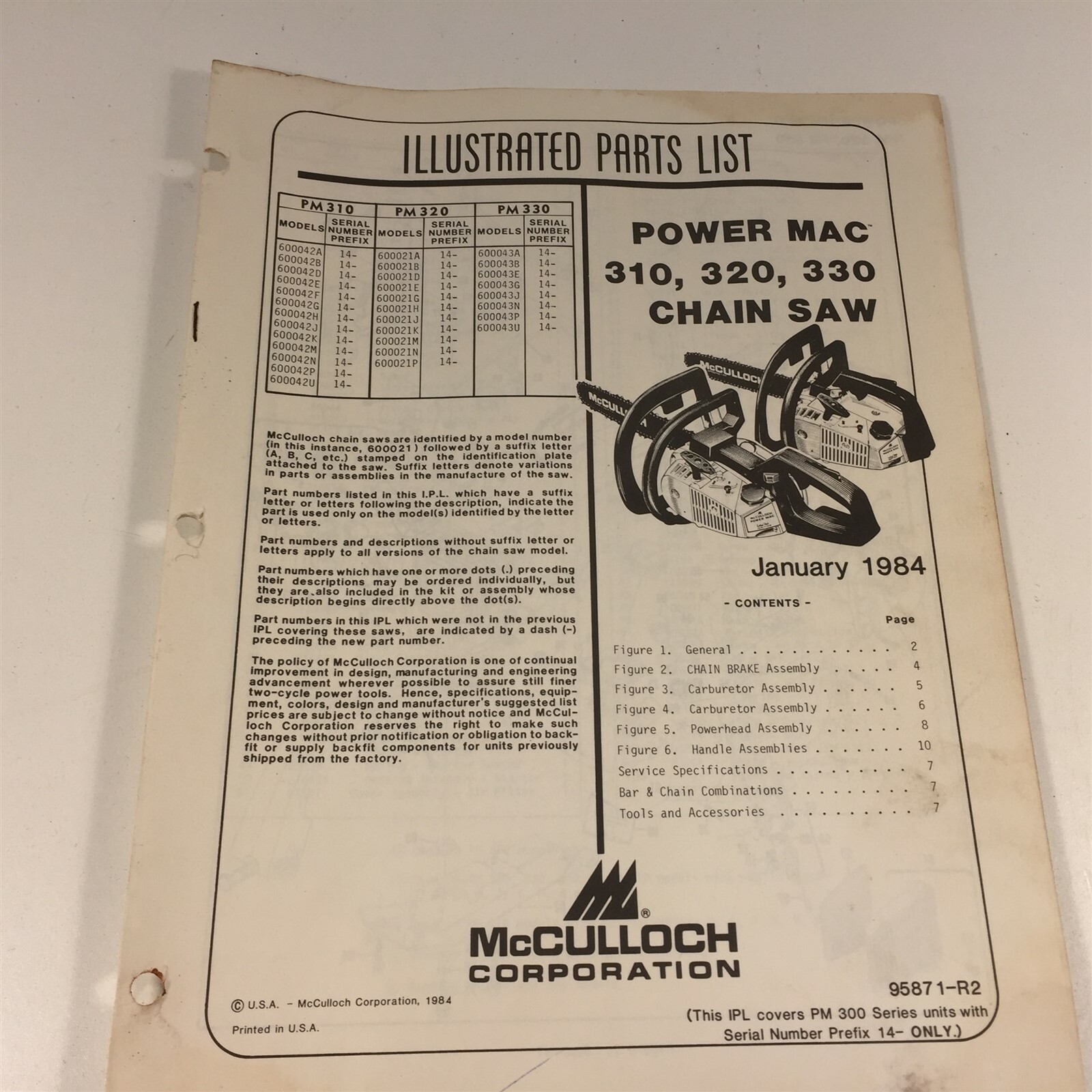 1984 McCulloch Power Mac 310 320 330 Chain Saw Illustrated