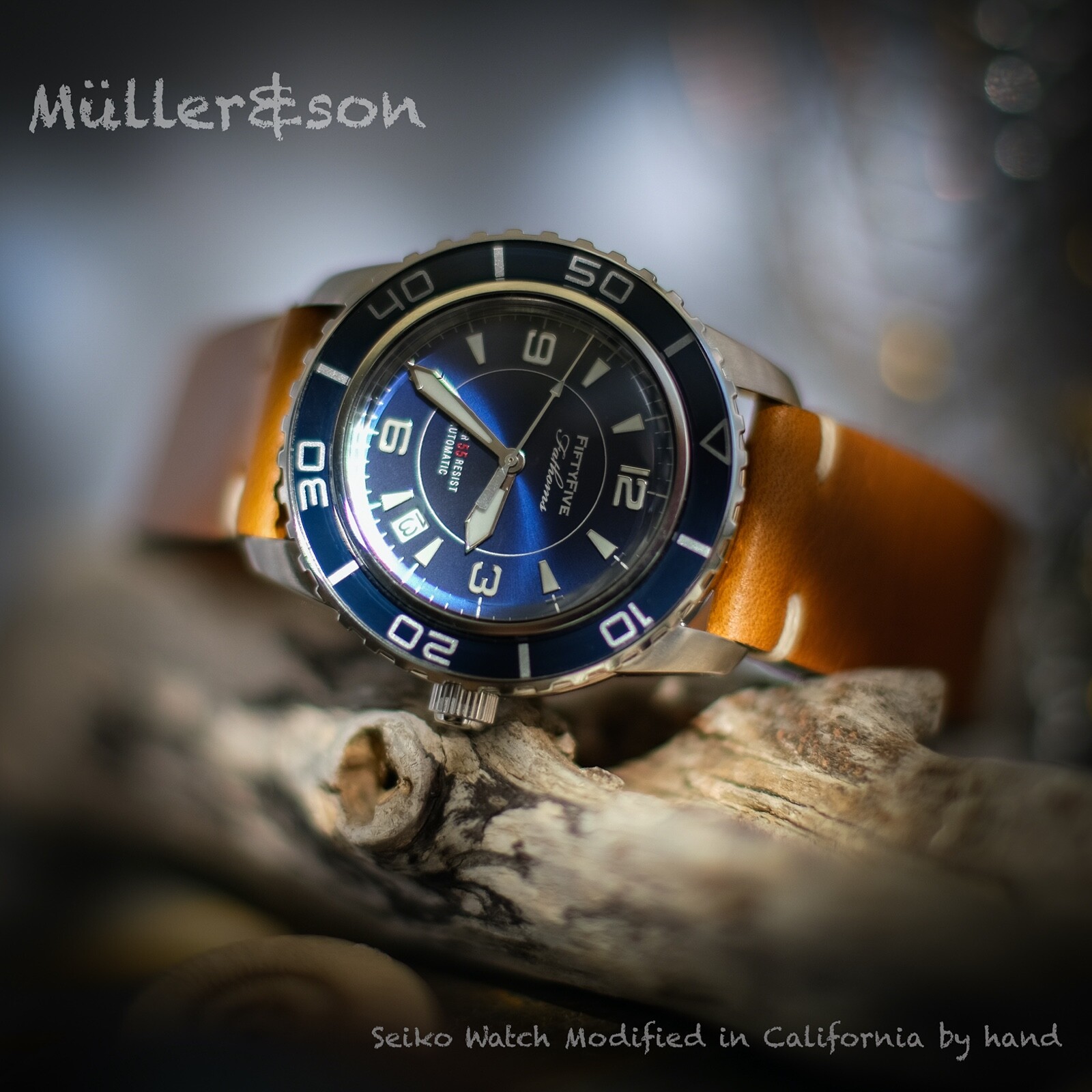Pre-owned Müller&son Watch "blue Mod 1" From Seiko Snzh Fifty Five Fathoms + Horween Strap