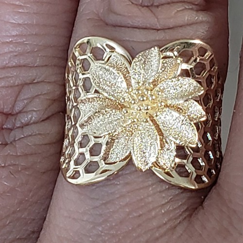 Pre-owned Handmade Big Real 14k Yellow Rose Gold Flower Ring Size 6 7 8 9 In No Stone