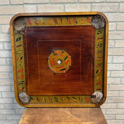 ANTIQUE ''FLAGS OF THE NATION'' CARROM COMBINATION BOARD GAME CIRCA 1900